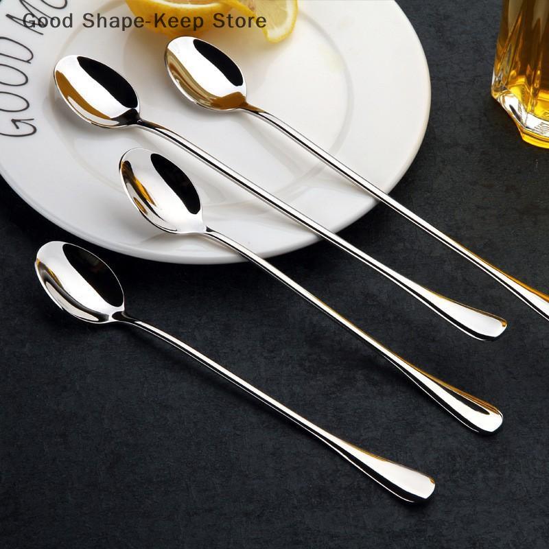 1/6/10Pcs Stainless Steel Long-Handled Ice Teaspoon Coffee Spoon Ice Cream Stirring Spoon Kitchen Household Tableware