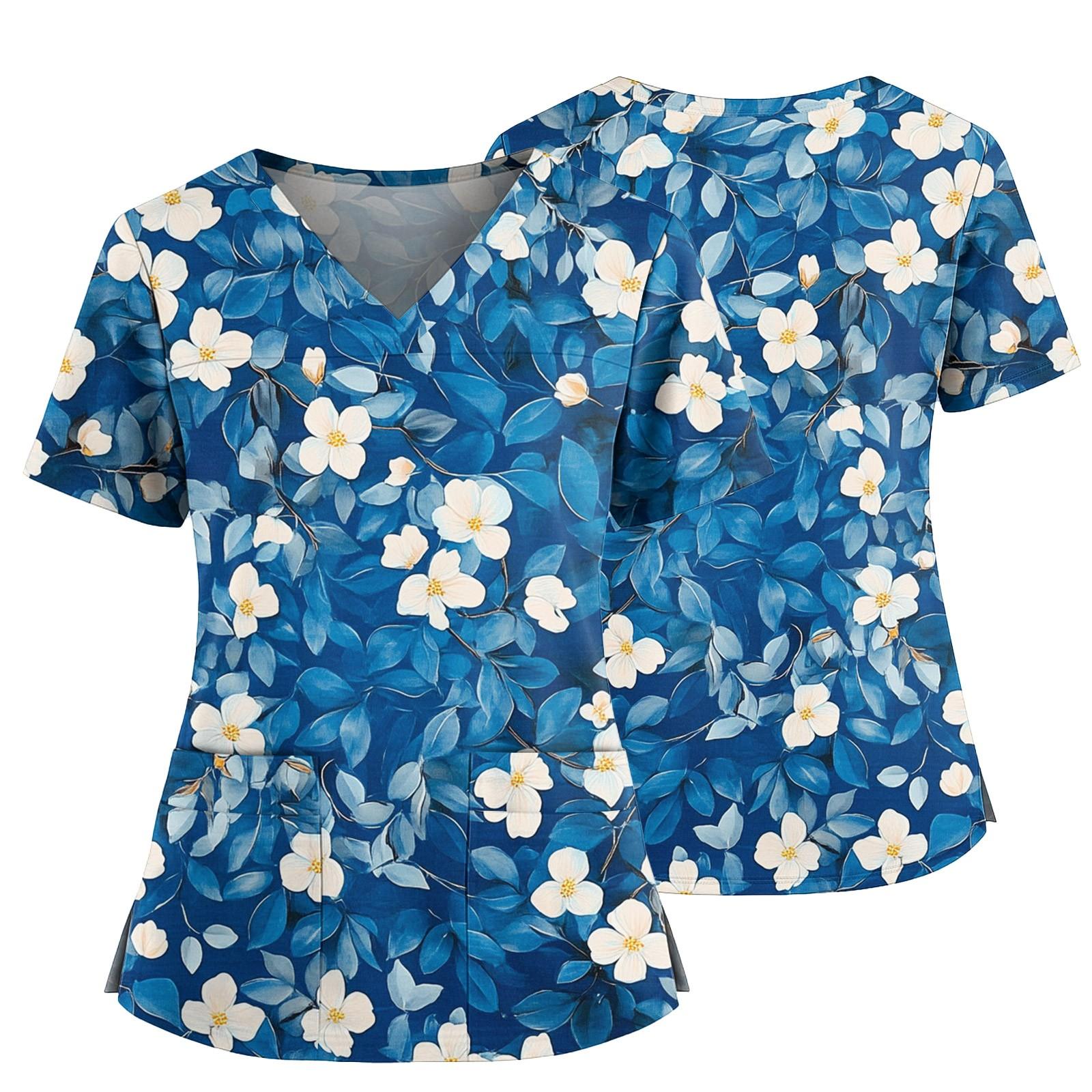 

Women s Casual Printed V-Neck Pocket Side Slit Short Sleeved Top Short Sleeved Top L синій