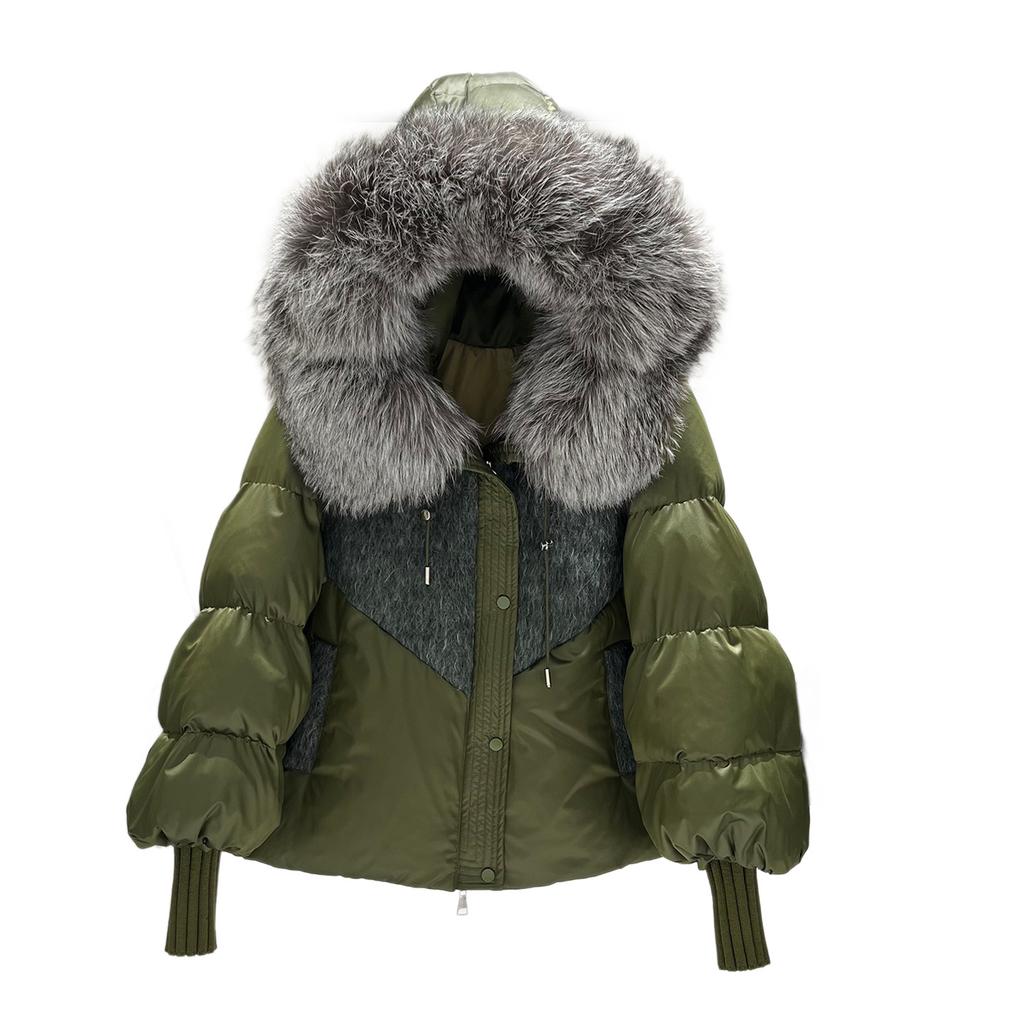 New Fox Fur Collar Hooded Down Jacket Women's Short Thickened Warm Fashionable Loose Woolen Splicing Jacket