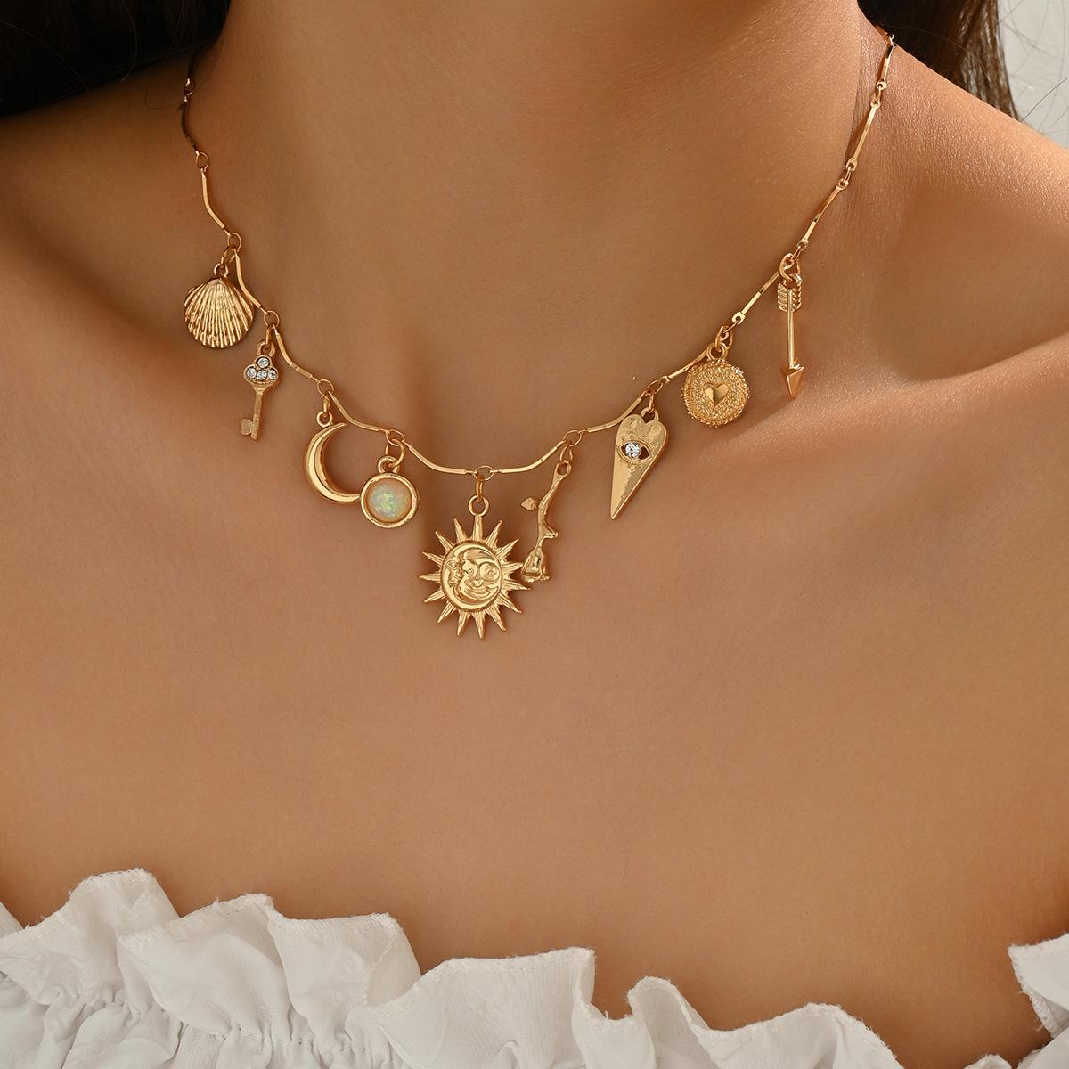 

Cold wind metal chain multi-pendant necklace fashion star and moon collarbone chain