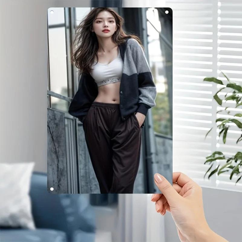 D Flat D Flat D FlatD Flat Metal Sign Plate Modern Minimalist Decor with Elegant Female Portrait Durable Constructio