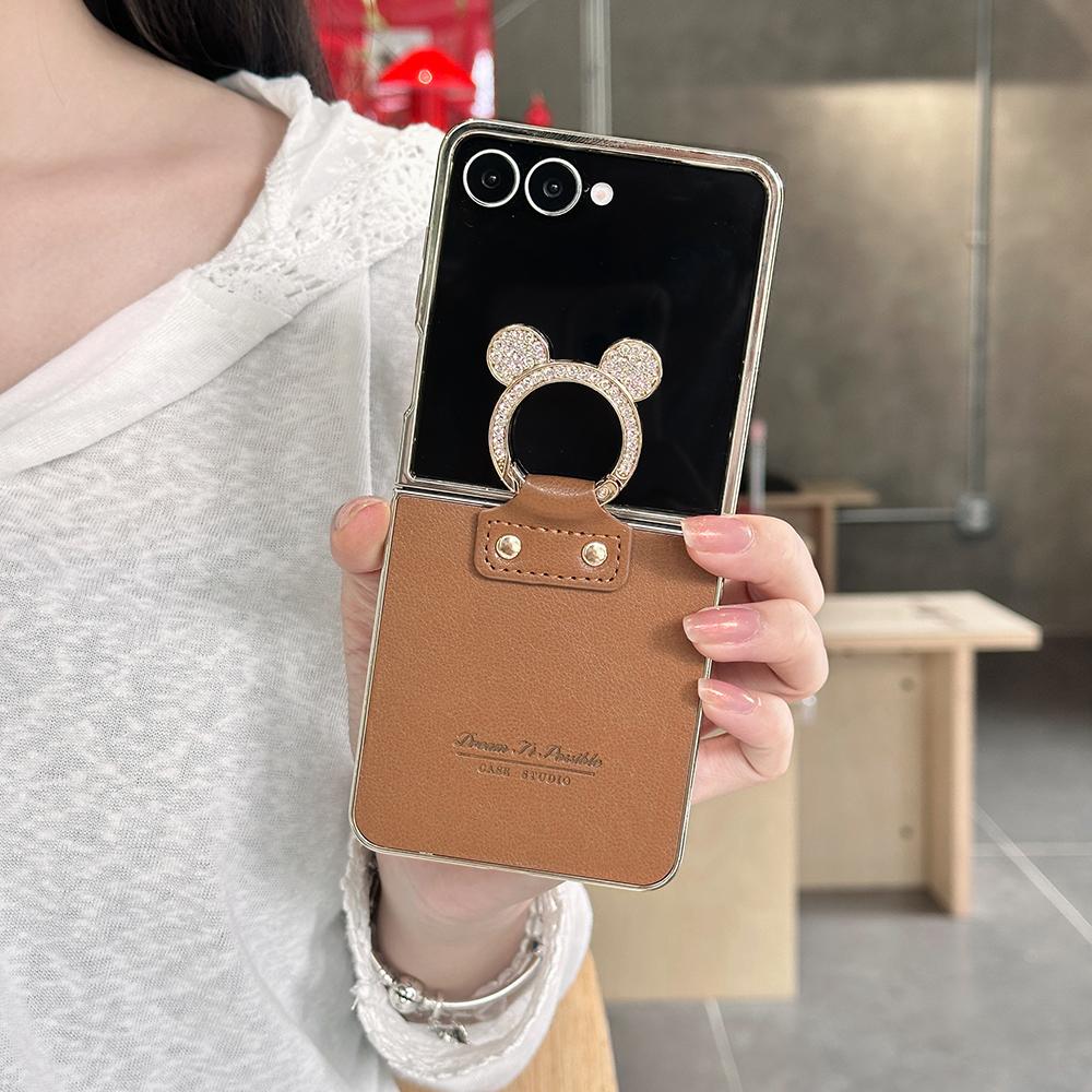 Glitter Ring Holder Cute Leather Case for Samsung Galaxy Z Flip 7 6 5 4 7FE Flip7 Flip6 Flip5 Skin Feeling Shockproof Back Cover