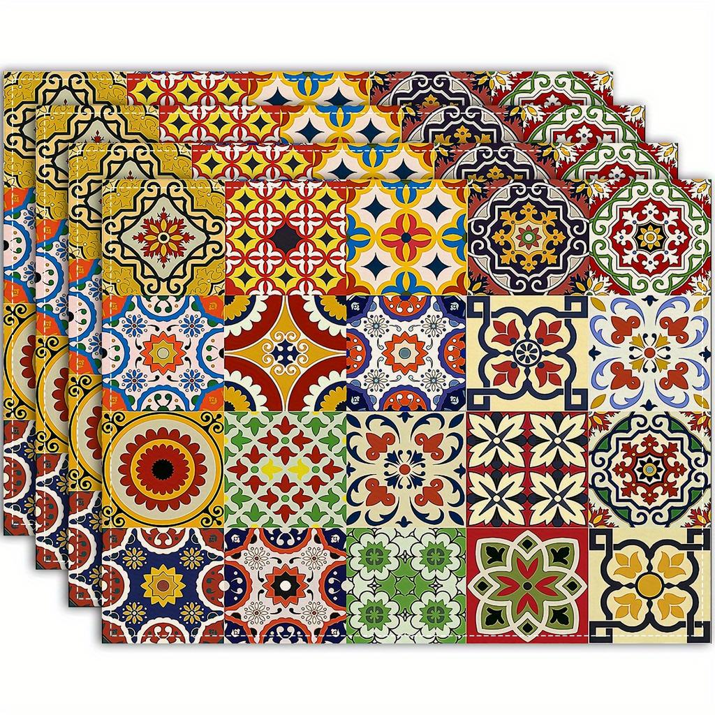 Elegant Chinoiserie Placemats 4Pcs Set Vibrant Blue & Green Floral Design Rectangular Table Mats for Dining & Home Decor