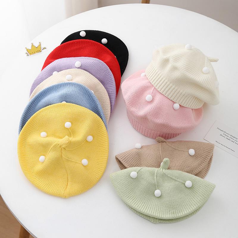1 szt. Uroczy pasek miś ciepła czapka beanie jednolity kolor dzianinowy beret dla dzieci dziewcząt jesień zima artysta malarz czapki