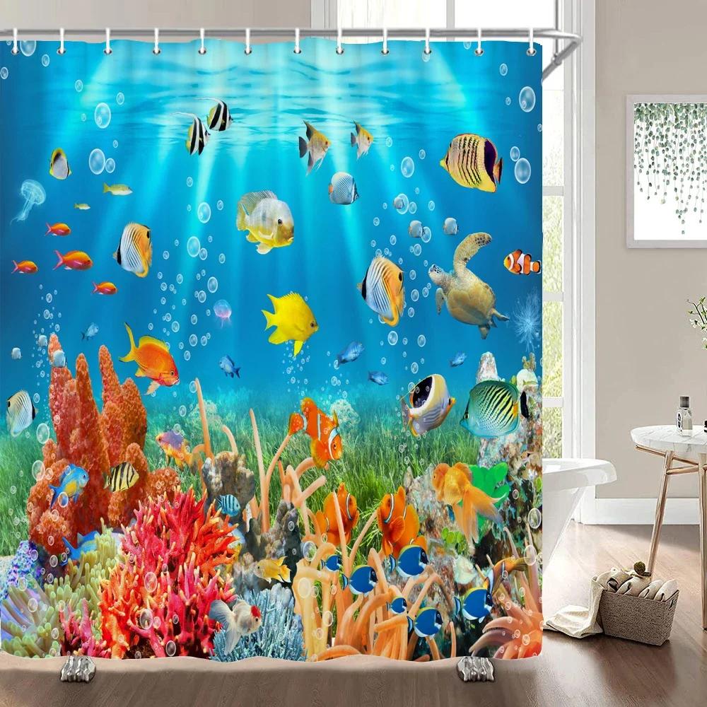 Unterwasserwelt Fisch Schildkröte 3D Duschvorhänge Ozean Delfin Meereslandschaft Stoff Wasserdicht Badvorhang Badezimmerdeko Sichtschutz