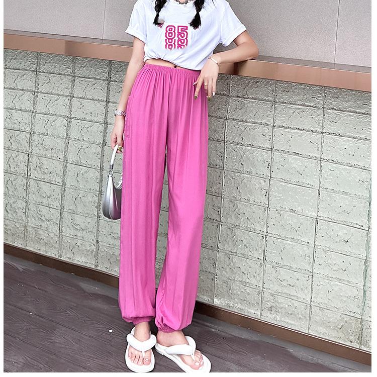 Pantaloni de pijama din bumbac mătase pentru femei, secțiune subțire de vară, anti-țânțari, pantaloni cu picior lat, culoare uni, pentru exterior, casă, petrecere a timpului liber, imprimeu, pantaloni de plajă până la genunchi