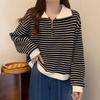 Plus Size Striped Polo Collar Half Zip Hoodie for Women - Autumn, Long Sleeve, Trendy Loose Fit