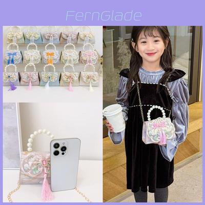 Girls Traditional Pearl Handbag With Beaded Bow And Tassel For Daily Use