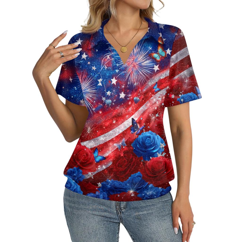 Women's Casual Short Sleeve V Neck Top with Independence Day Print Relaxed Fit Lightweight Blouse for Everyday Wear