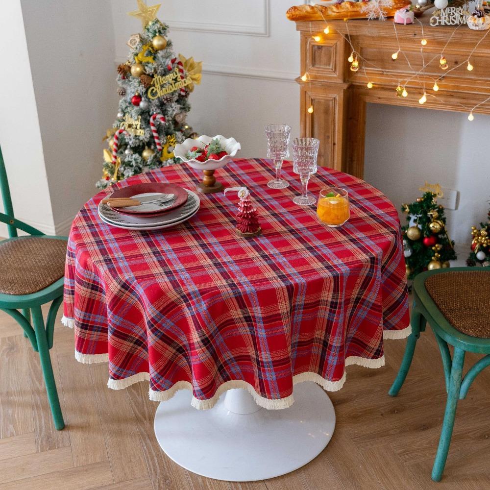 Christmas Tablecloth Vintage Striped Checkered Cotton Linen Dining Party Decor