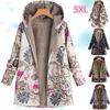 Fashion Winter Warm Coat Lady Long Sleeve Zip Thickening Plush Vintage Print Hooded Jacket
