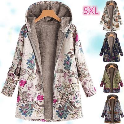 Fashion Winter Warm Coat Lady Long Sleeve Zip Thickening Plush Vintage Print Hooded Jacket