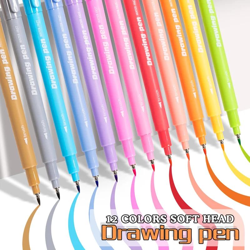 Arts Sign Brush Pen Marker Felt Tip Water Based Ink Color Pens 12 Assorted Pastel Colors for Lettering Journaling Calligraphy