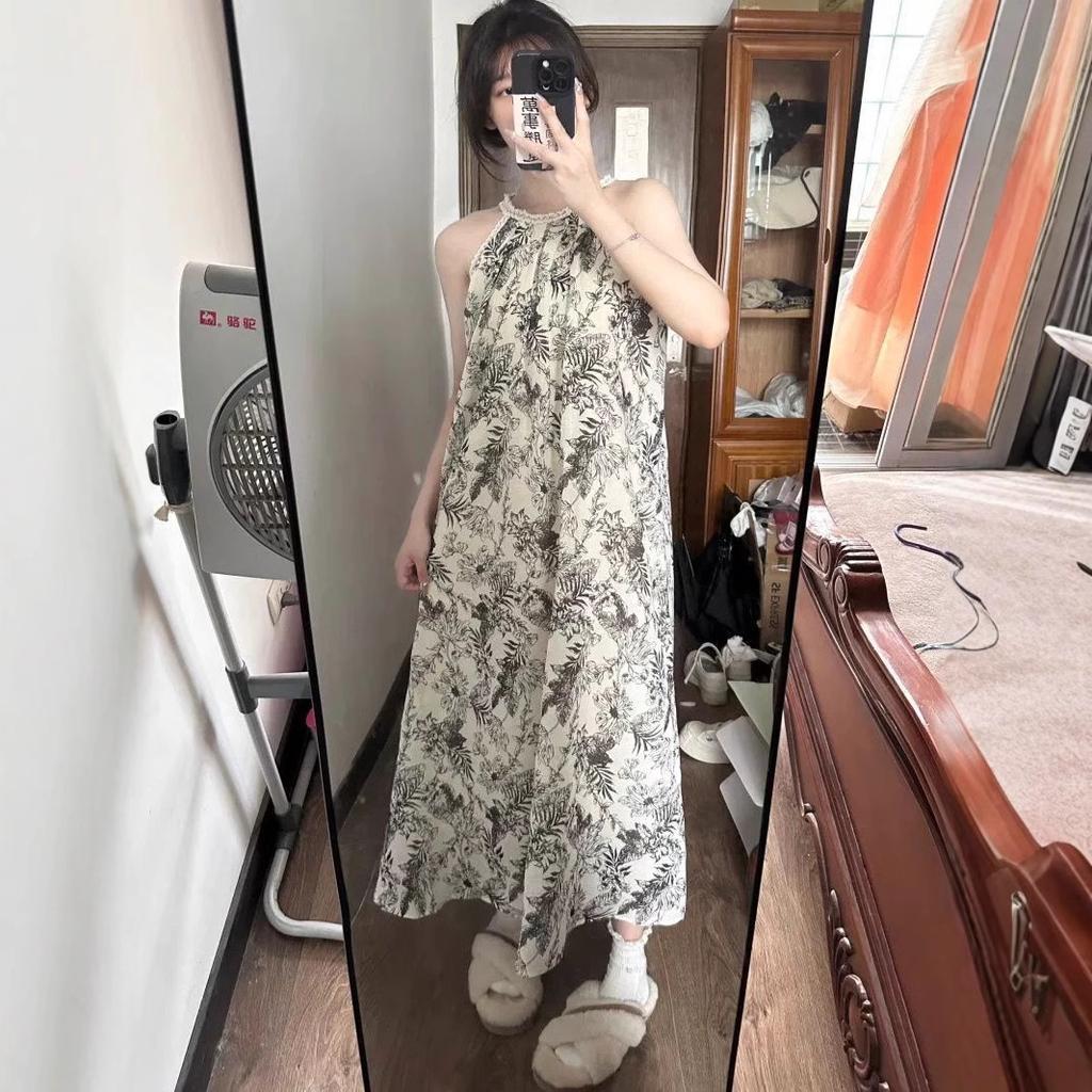 New Chinese style ink tie-dye suspender dress women's summer loose and thin holiday style long dress off-the-shoulder a-word skirt