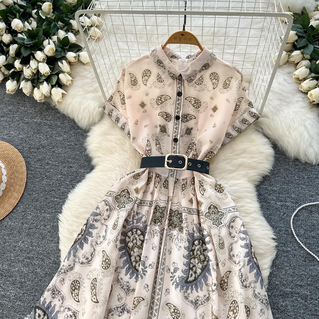 Kobiety Różowa Długa Sukienka Letnia Francuska Retro Krótki Rękaw Drukowane Sukienki Imprezowe Damskie Wąskie A-line Elegancka Długa Suknia Vestidos