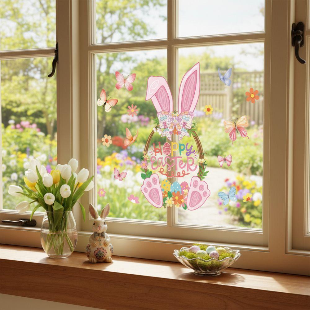 Pink Rabbit Basket Electrostatic Stickers Rabbit Bunny Wall Decal  Happy Easter Party