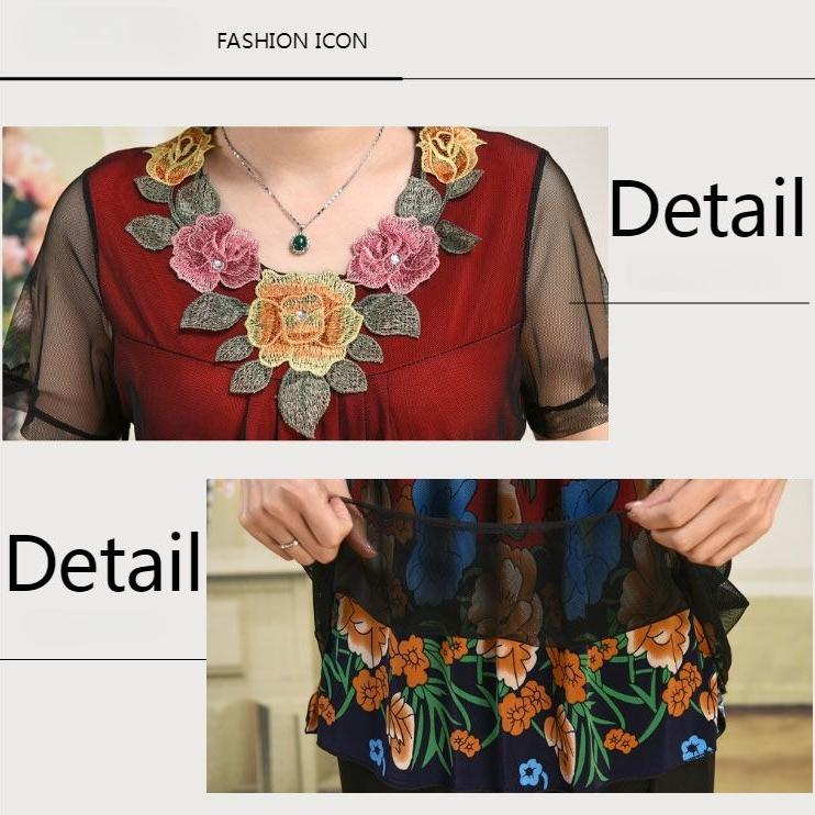Summer Women's Plus Size Blouse Loose Mesh Printed V-Neck Short Sleeve Blouse