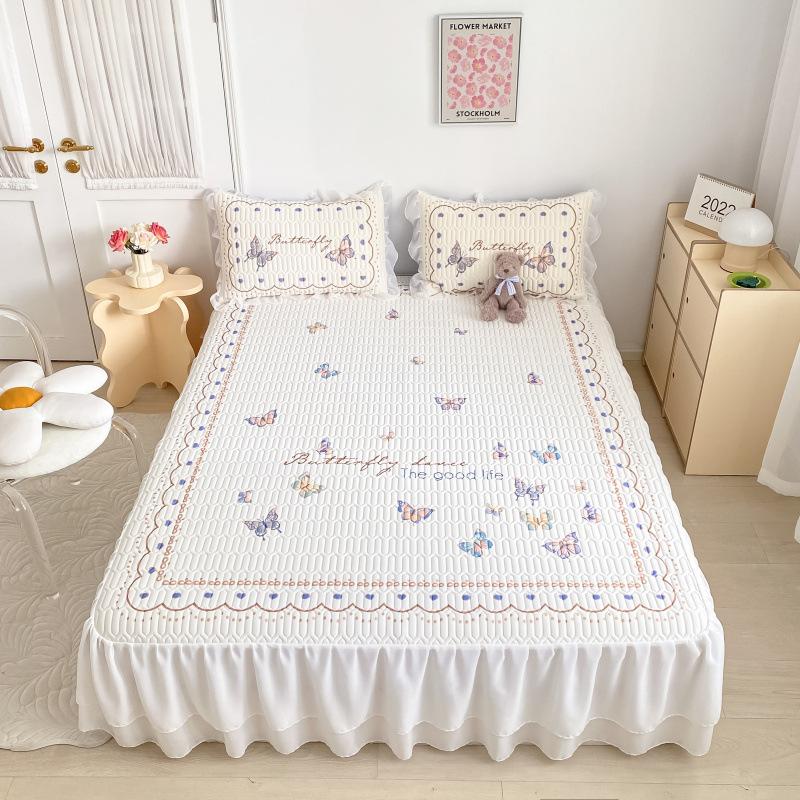 Παχύ στρώμα ύπνου από λάτεξ, σετ τριών τεμαχίων με βολάν κρεβατιού, μικρό φρέσκο, υψηλής ποιότητας δαντέλα σιφόν, πλένεται και διπλώνεται.