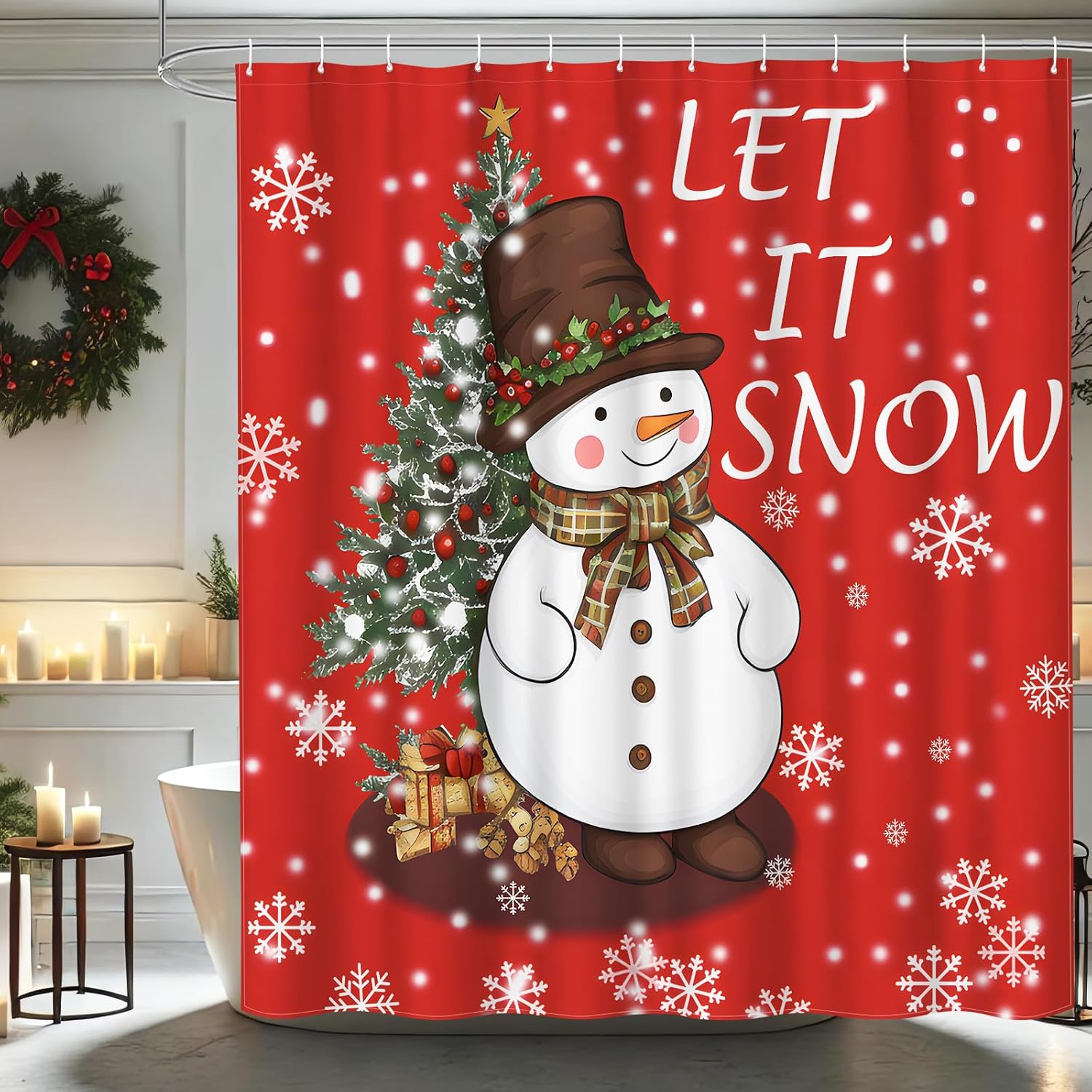 

Cute Snowman Farmhouse Christmas Shower Curtain With Red Winter Xmas Theme Pattern, Waterproof Fabric Bathroom Decor For Holiday W60H190(CM)-1 Pcs