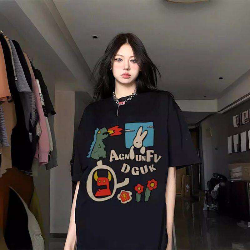 

Pure Cotton Short-Sleeve T-Shirt for Women, Summer European Style, Sweet and Spicy, Plus-Size for Slightly Chubby Women, 100kg Trendy Streetwear Top Black M [Recommendation 40-50kg]