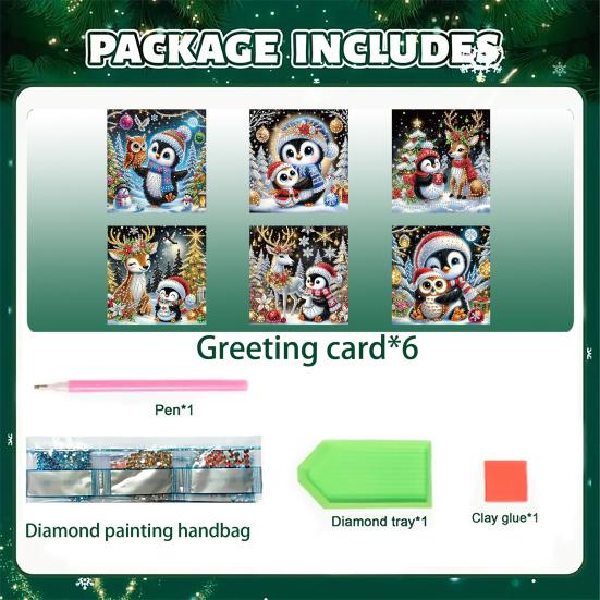 6 Pcs DIY Rhinestone Art Painting Cards Christmas Greeting Card Making Kit with Envelopes 5D Snowman Cat Deer Rhinestone