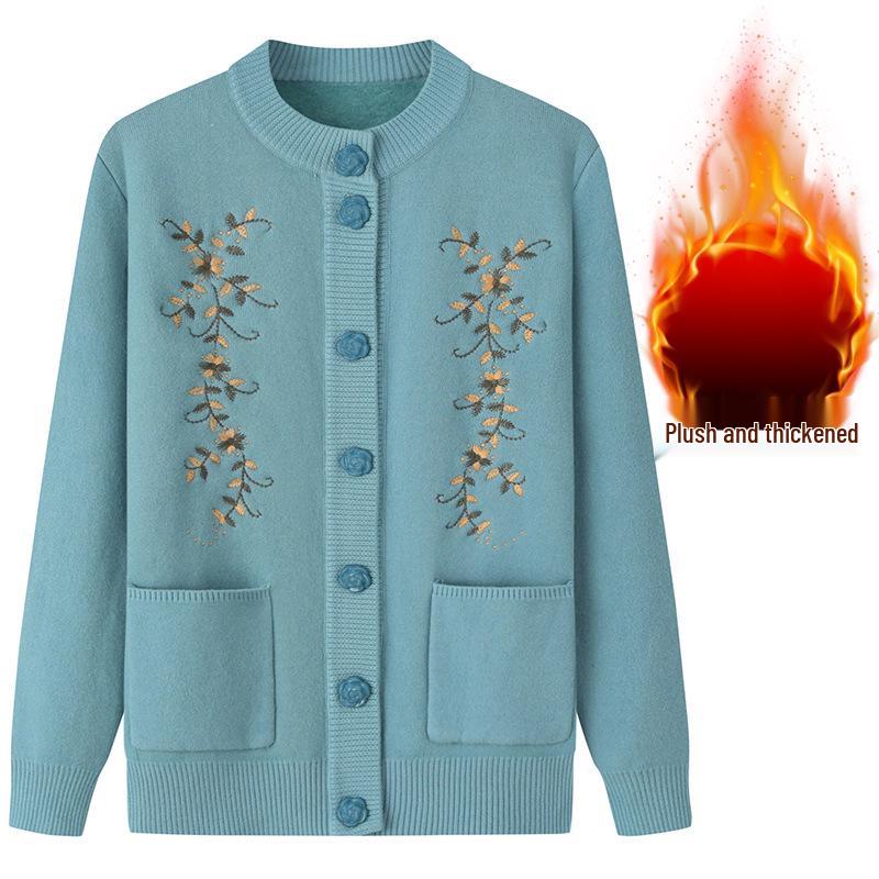 Dámský plusový sametový zesílený kardigan - Jarní a podzimní pletený svetr pro středního věku a starší