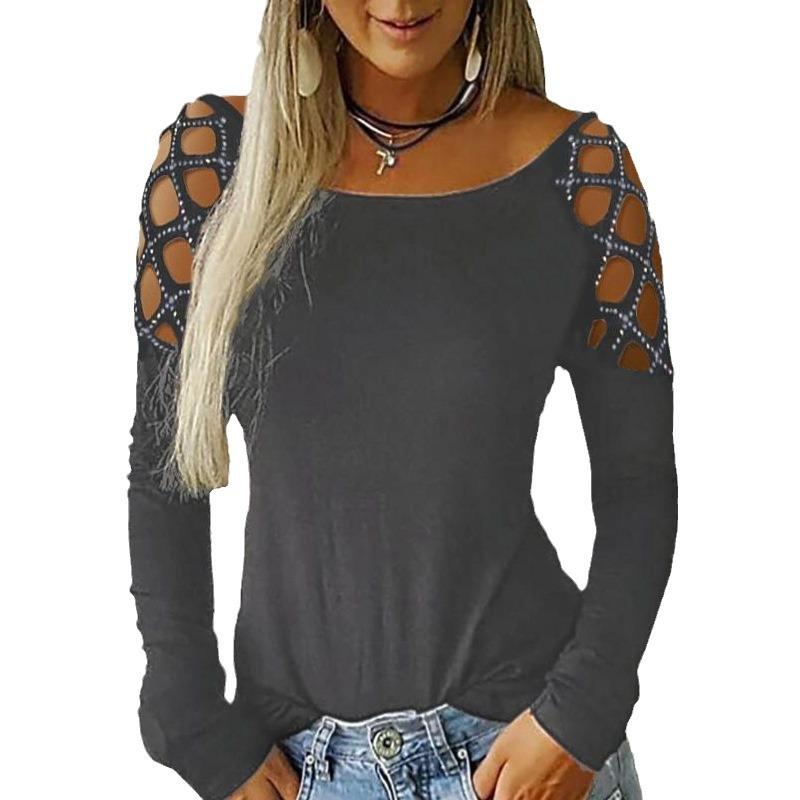 Women S Long Sleeve T Shirt With Rhinestone Hollow Design