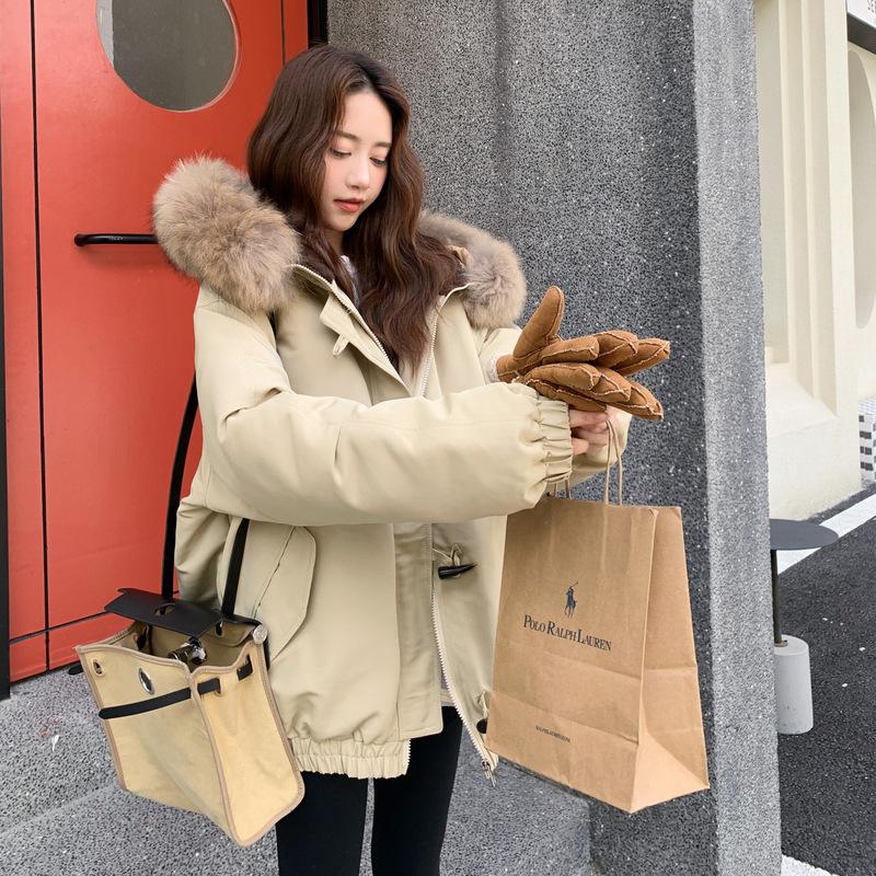 

Short cotton clothes women s font bread clothes thickened down cotton-padded clothes large fur collar Parker tooling jacket L розовый