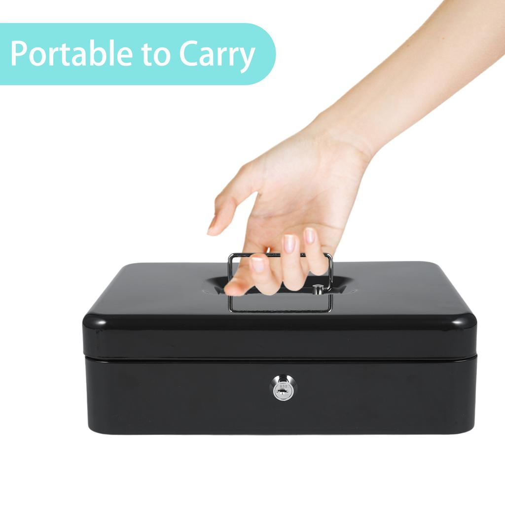 Cash Box Metal Money Box with 5 Coin Trays Cantilever Design & 4 Bill Slot with Spring Clips To Organize and 2 Keys