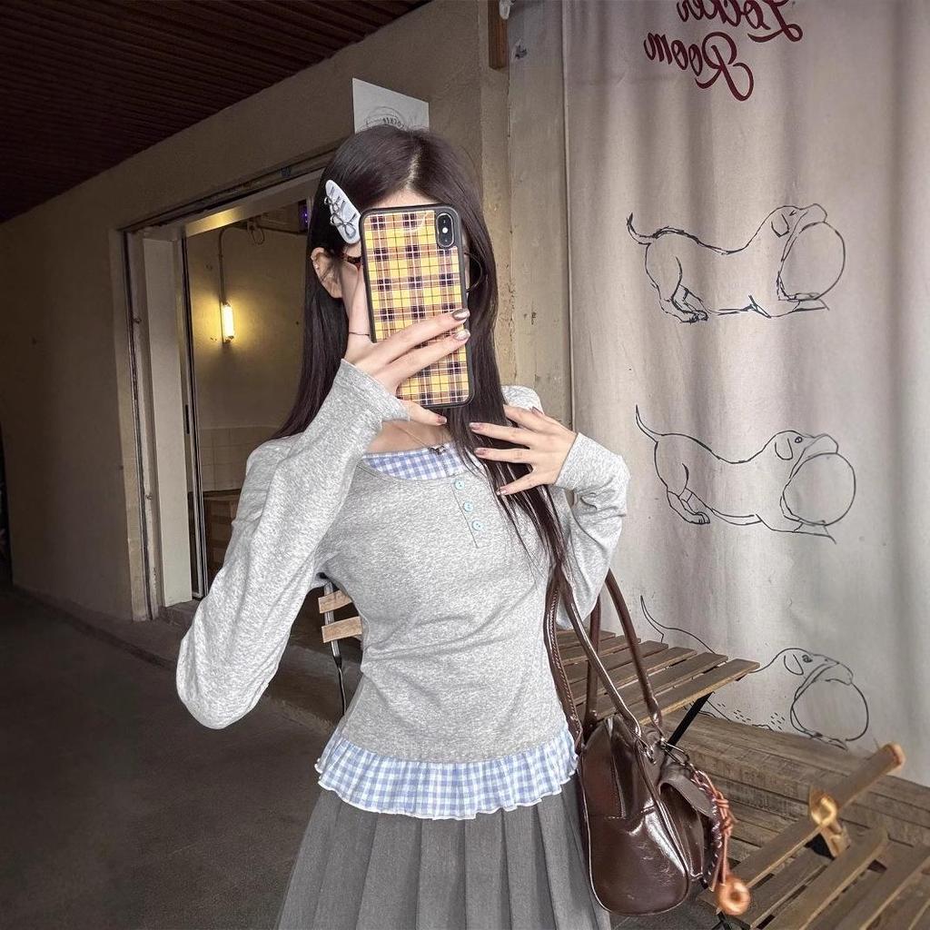 Gray Two-Piece Style Long Sleeve Shoulder Stitch T-Shirt - Women's Slim Fit Short Top for Spring