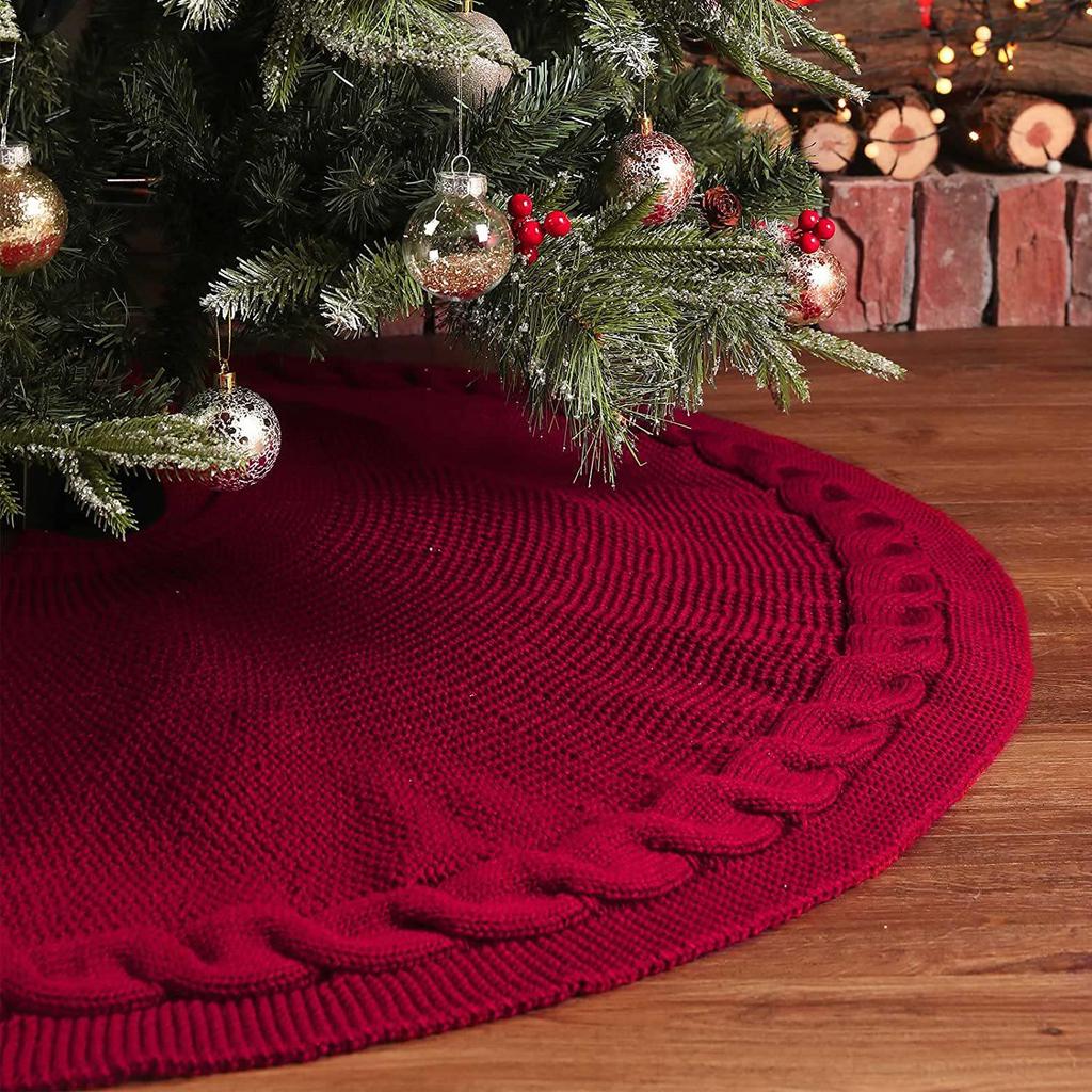 Red Knitted Christmas Tree Skirt with Ornaments