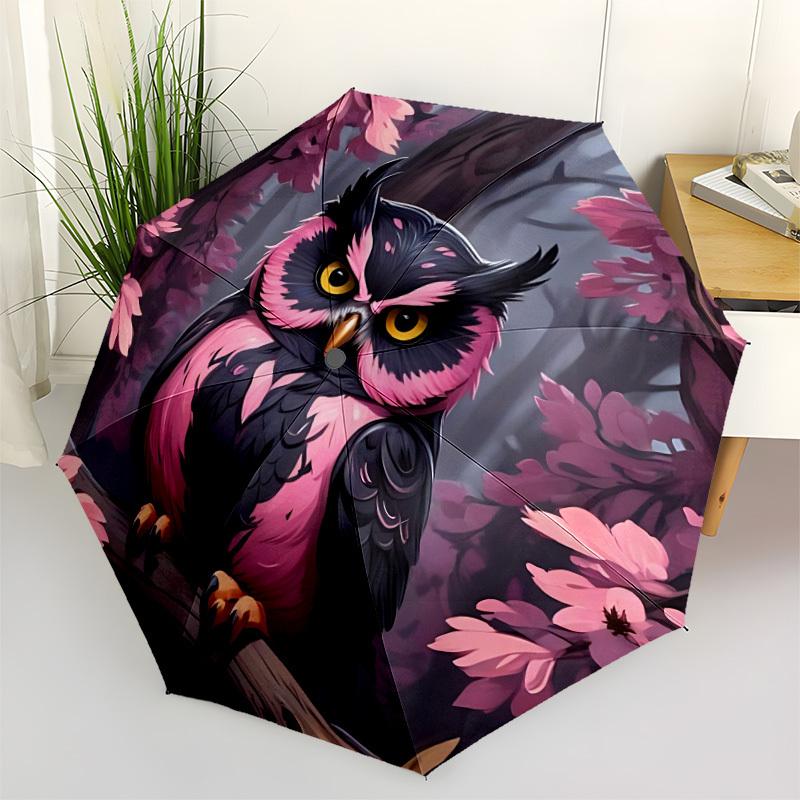 1pc Owl Forest Pink Automatic Open/Close Umbrella, Compact Travel Umbrella, 8-Rib Sturdy Frame - Ideal Gift for Friends Yy251118012