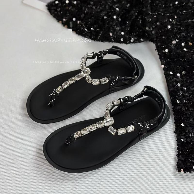 Lambskin sparkling rhinestone pinch flip-flops summer new fairy wind vacation beach flat toe sandals