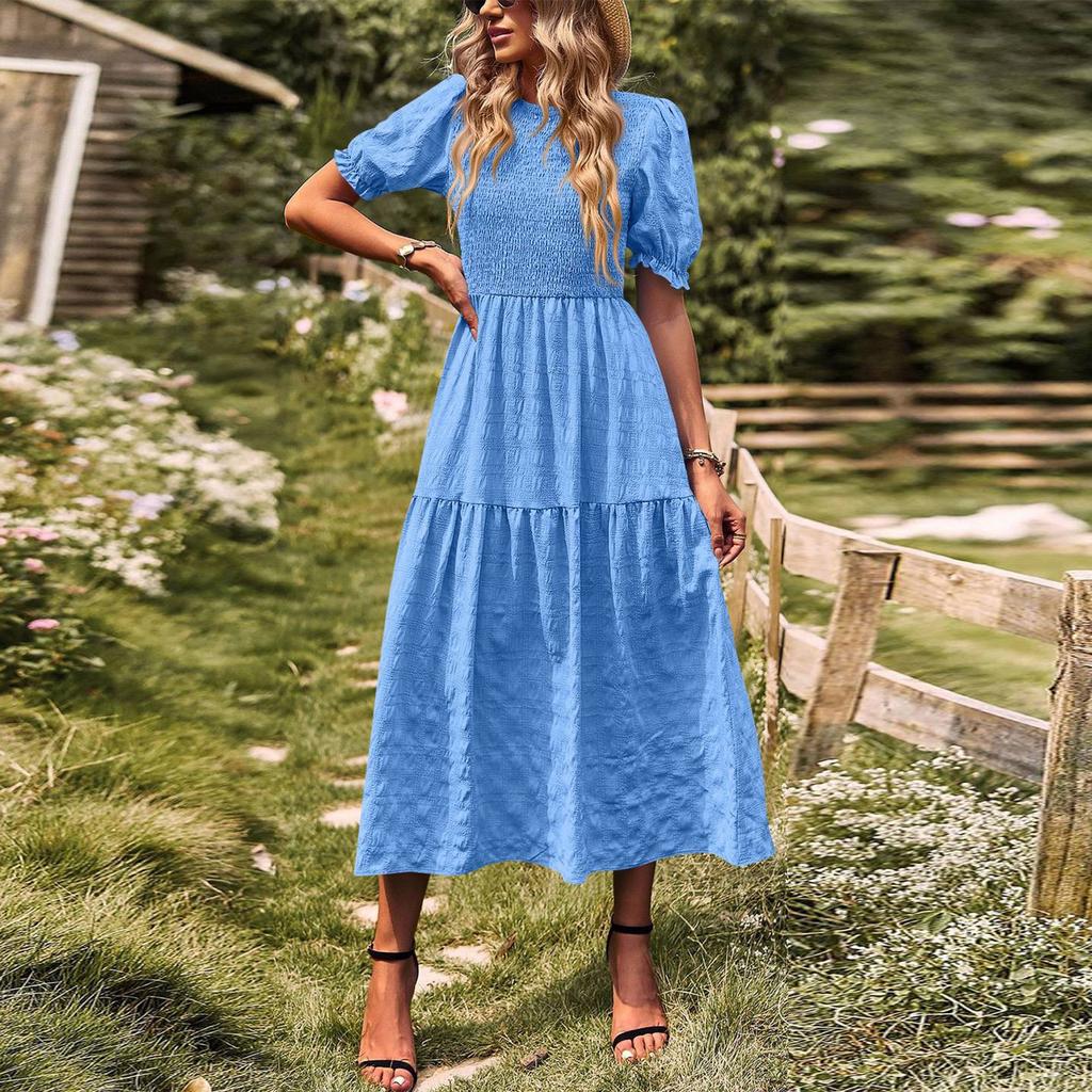 Dámské módní letní ležérní šaty s krátkým rukávem a kulatým výstřihem na dovolenou