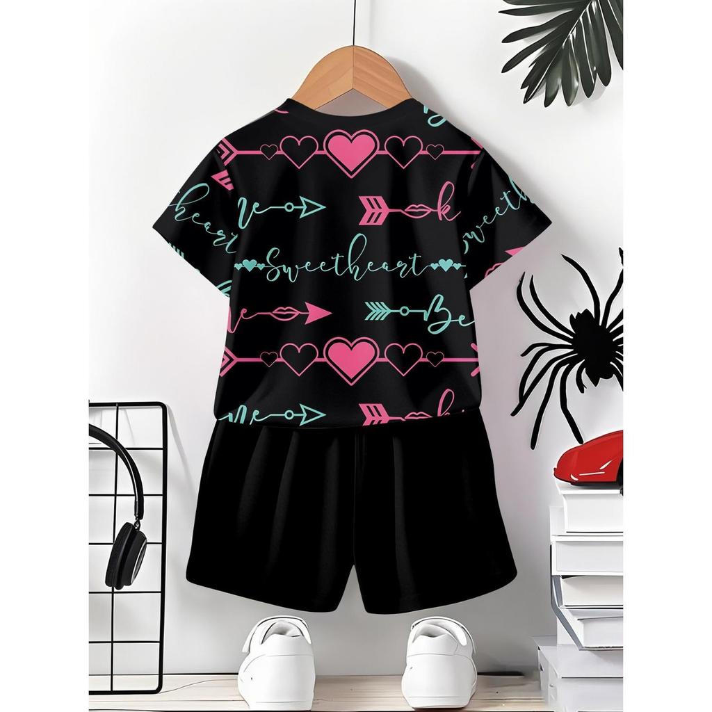 Boys' set of fashionable cartoon pattern 3D printed summer round neck T-shirt and shorts set