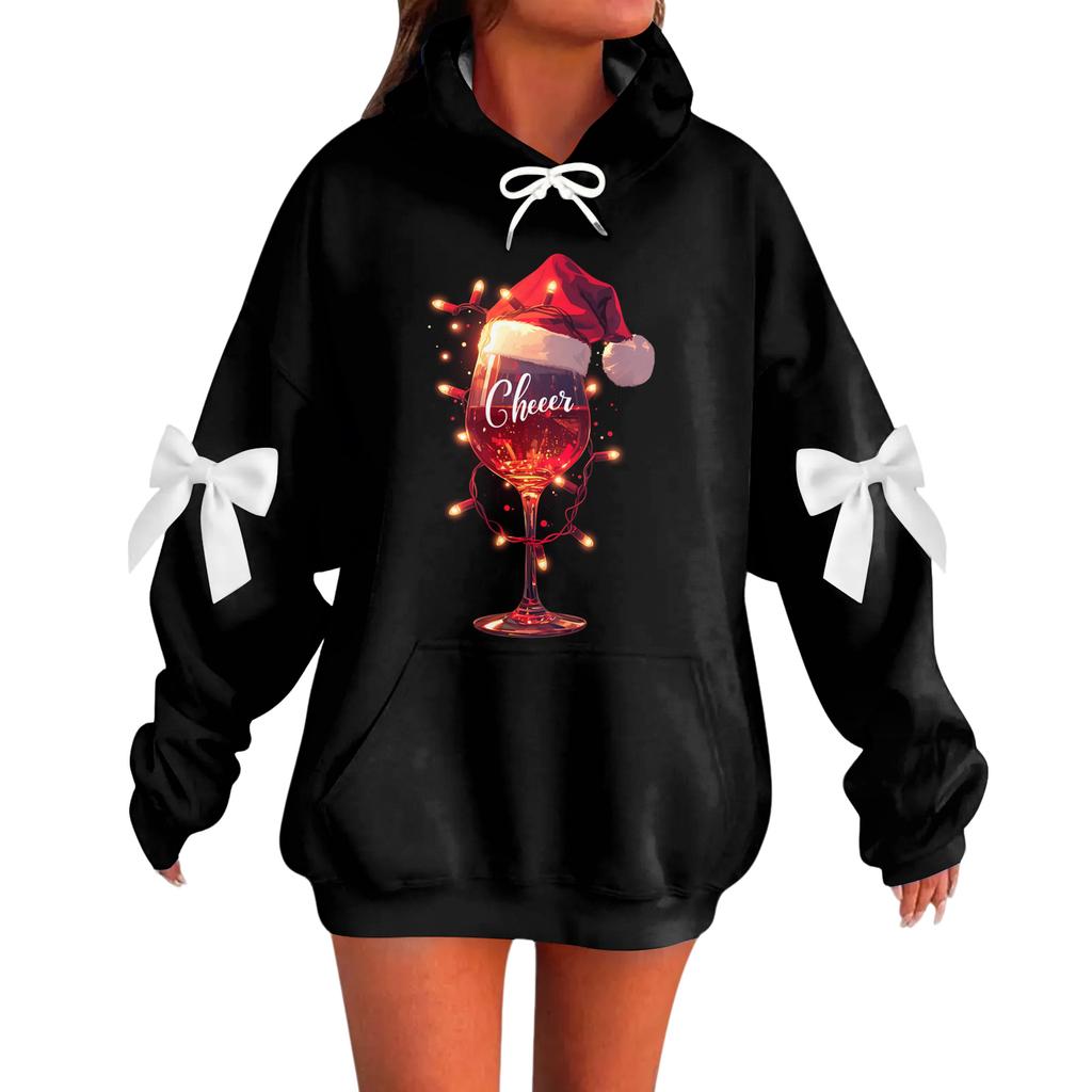 Ladies' Christmas Printed Bow Long Sleeved Loose Fitting Headband With Rope Hooded Sweatshirt Top