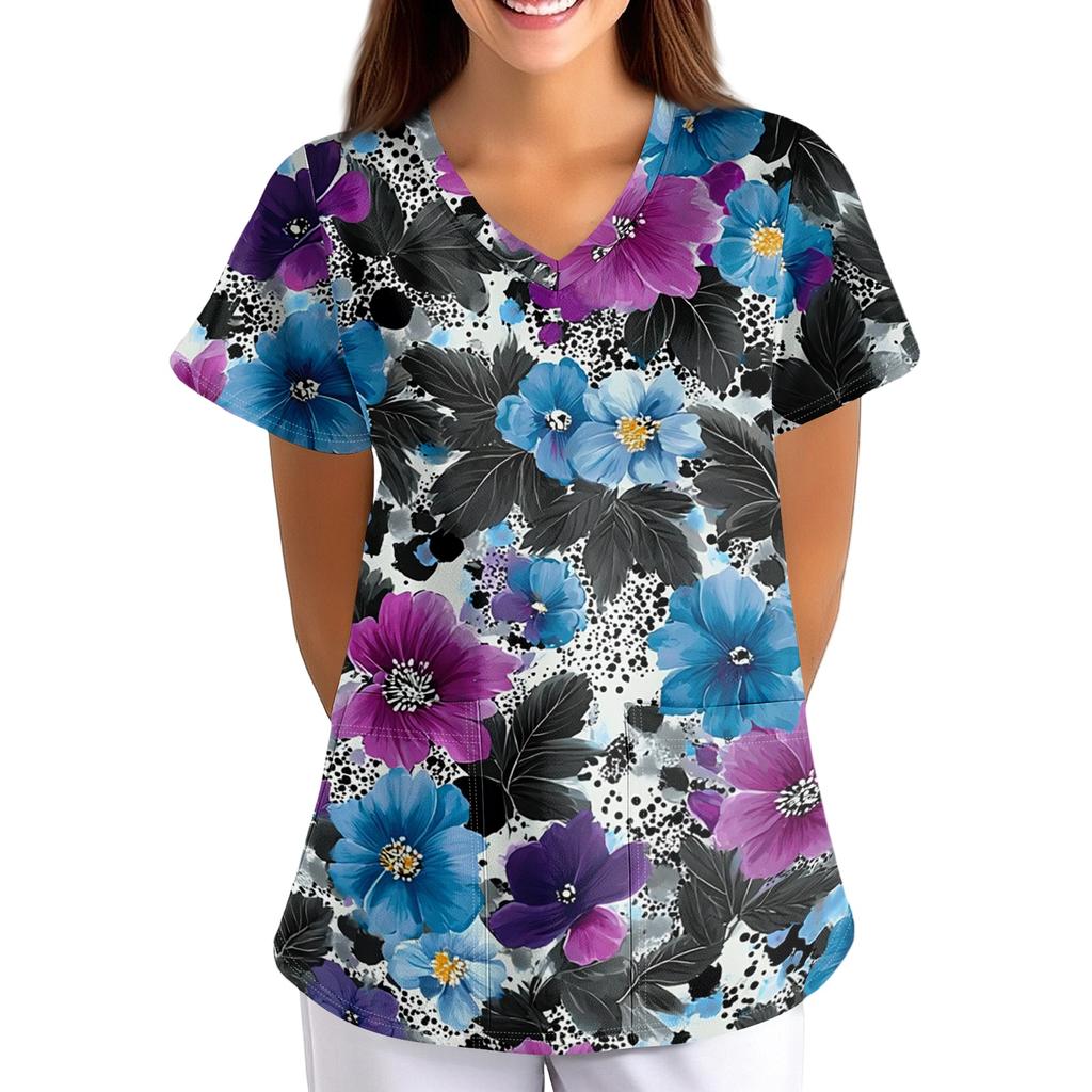 Women Short Sleeve V Neck T Shirt Floral Print Casual Loose Fit Lightweight Blouse for Everyday Wear and Activities