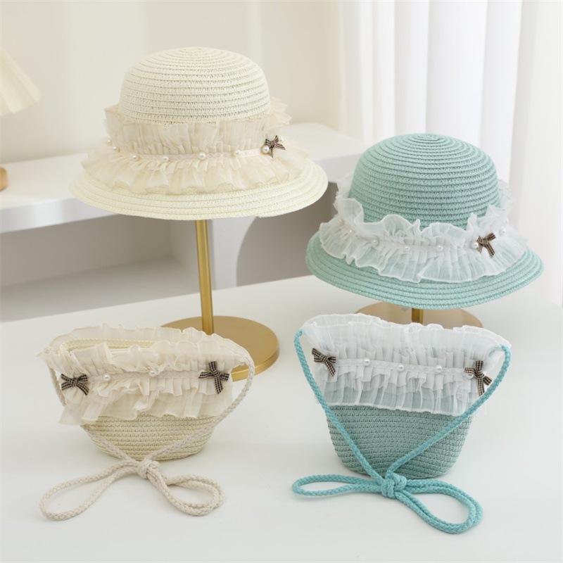 Girl'S Summer Straw Hat Lace Bow Breathable Sun Hats Kids Princess Party Holiday Beach Bucket Cap Ang Bag 2Pcs Set Panama Gorros