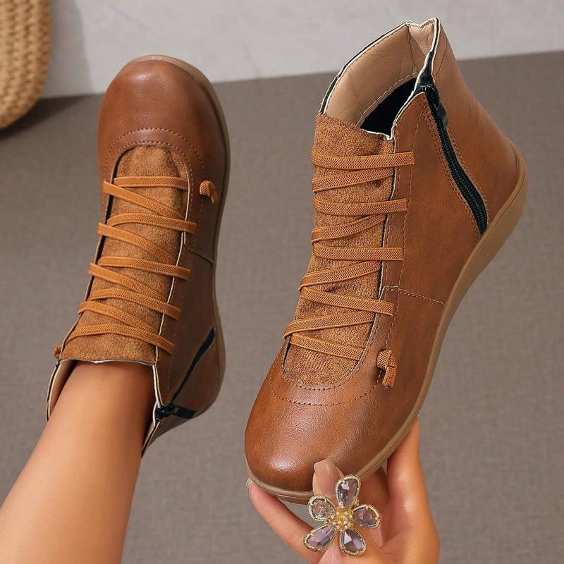Women'S Autumn Winter Pu Leather Ankle Round Toe Lace Up Retro Work Shoes Woman Comfortable Flat Heel Casual Short Boots 43