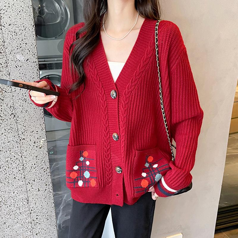 Stylish Autumn/Winter Knitted Cardigan for Middle-Aged and Elderly Women, Thickened Loose-Fit Jacket