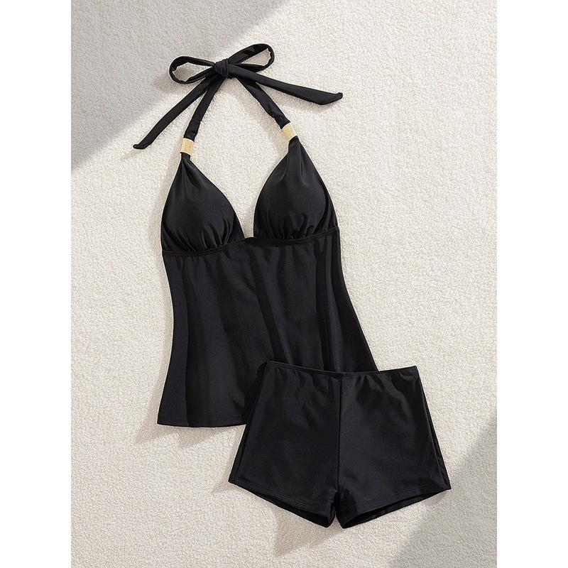 Summer Solid Black V Neck Halter Open Back Tankini Vest Tops Two Piece Shorts Swimsuit Holiday Corset Swim Clothes Swimwear