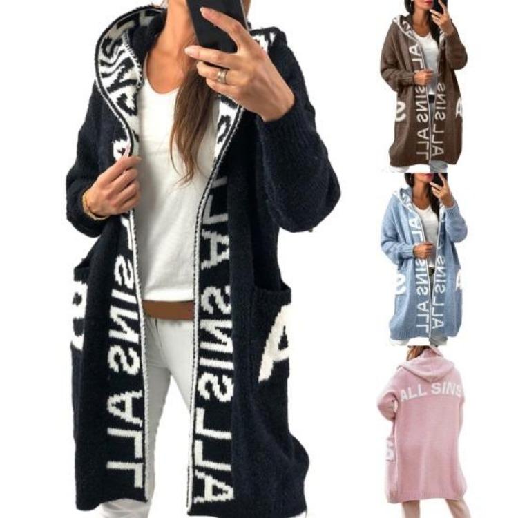 Cappotto Invernale da Donna Maglione Lungo con Cappuccio Autunno Spesso Caldo Lavorato a Maglia Lunghezza Media Ampio Chiusura con Zip Tasche Fantasia Lettere
