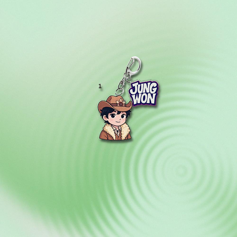 ENHYPEN Western Cowboy Cartoon Keychain with Member Name Charm, Dual Pendant Bag Accessory, Engene Fans Collectible Key Ring Gift Merchandise JUNGWON