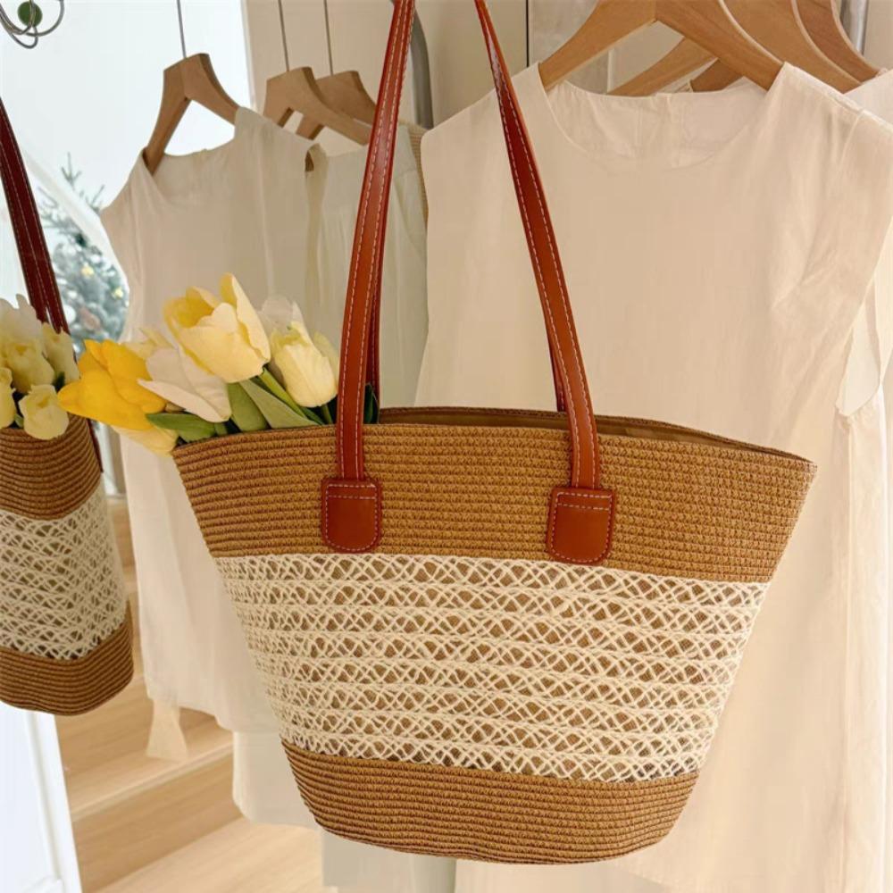Fashion Straw Woven Tote Bag Square Stripe Woven Shoulder Bag Underarm Bag Large Capacity Vacation Beach Bag Women's Handbags