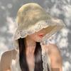 French Lace Sunshade Straw Hat Women's Summer Big Brim Streamer Bucket Hat Seaside Foldable Sun Hat
