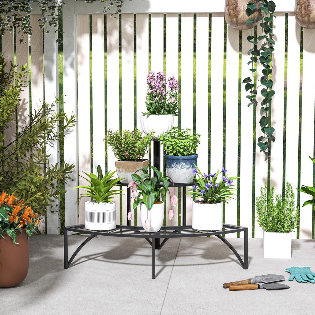 Three-Tier Corner Metal Plants Shelves - Black