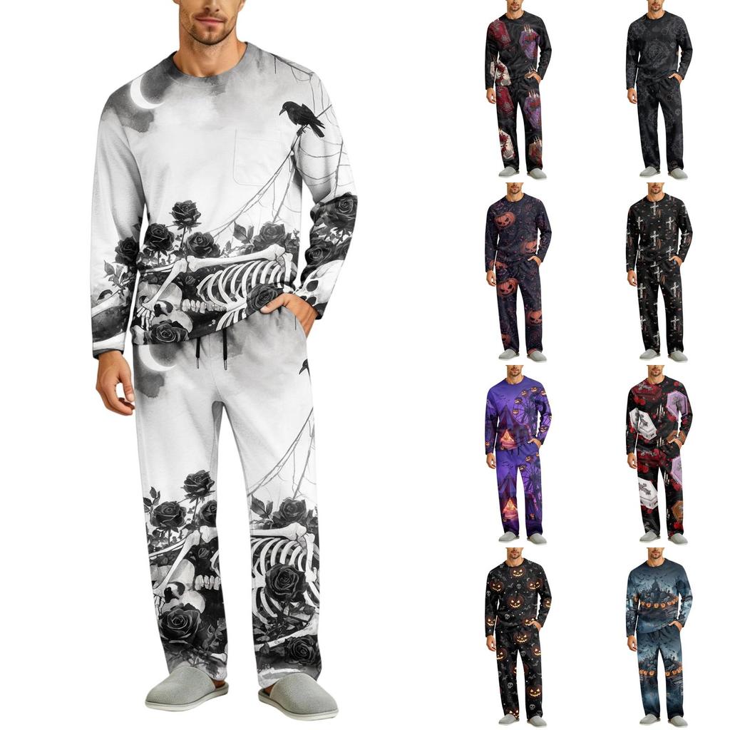 Men's Halloween Pajama Set Long Sleeve Long Pants with Crotch Buttons and Elastic Drawstring Waist
