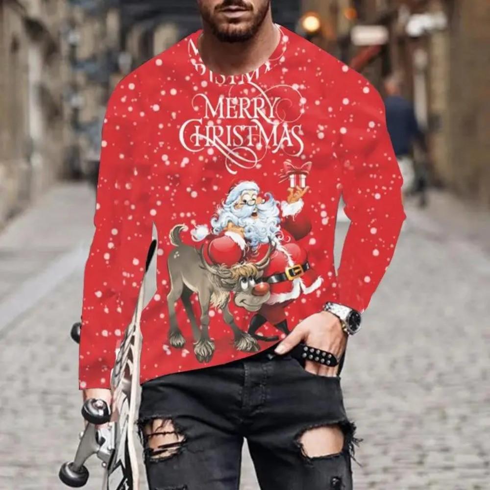 Santa Claus Pattern Men's Long Sleeved T-shirt 3D Printed Spring and Autumn Casual Long Sleeved Loose Breathable Top