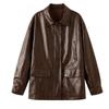 Womens Mid-Length PU Leather Coat 2026 Fall Loose Fit Oversized Jacket With Collar Black Red Coffee