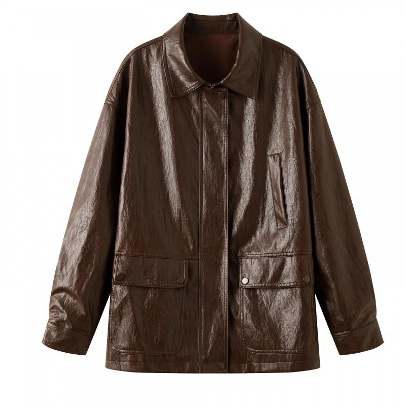 Womens Mid-Length PU Leather Coat 2026 Fall Loose Fit Oversized Jacket With Collar Black Red Coffee